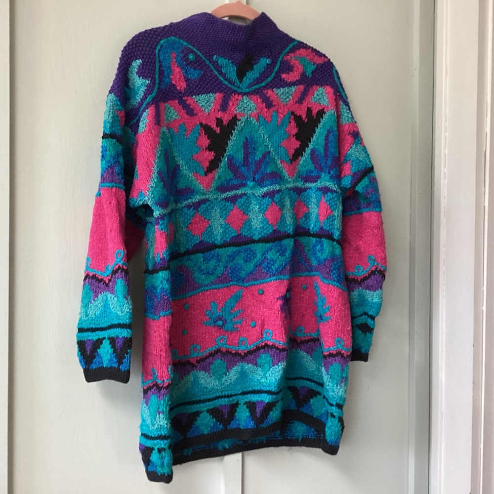 Vintage 90s SEGRETS SUN PRINT Size Large Hand Knit Sweater Multicolor Ramie Blen